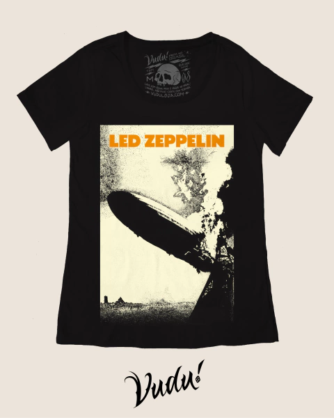 Blusinha preta com estampa do Led Zeppelin, retratando o famoso dirigível Hindenburg em um fundo vintage.