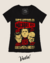 Blusinha preta com estampa temática de horror, apresentando personagens clássicos como Frankenstein, Drácula e a Múmia, anunciando o evento Macabre Fest.