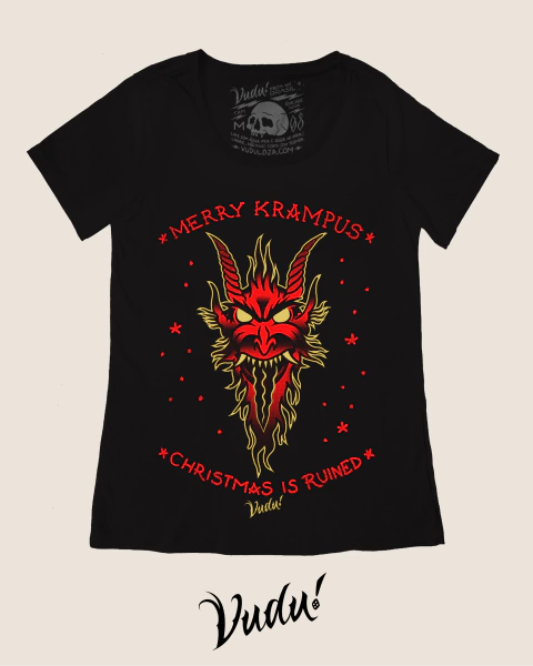Blusinha preta Merry Krampus com estampa de um demônio vermelho, escrito "MERRY KRAMPUS" e "CHRISTMAS IS RUINED".