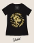 Black women's t-shirt featuring a yellow graphic of a stylized dog with a helmet and the text "VUDU KSTMS SPEED JUNKIES" since 08.