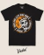 Black t-shirt with a graphic of a skull wearing an orange flame-decorated helmet and text around it saying "Fuck this let's ride now! Vudu! Go ahead!"