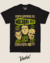 Camiseta preta com estampa temática de horror, apresentando ícones como Drácula, Frankenstein e a Múmia promovendo o evento Macabre Fest.