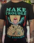 Garota punk com língua pra fora, mãos tatuadas empunhando canivetes cruzados, frase “Make Trouble Not Excuses”.
