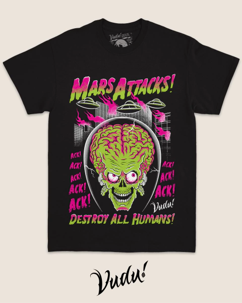 Camiseta preta com estampa vibrante do filme Mars Attacks!, apresentando um alienígena esquelético com um cérebro exposto e a frase "DESTROY ALL HUMANS!"