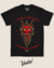 Camiseta preta com estampa colorida de Krampus, apresentando a frase "MERRY KRAMPUS" e "CHRISTMAS IS RUINED".