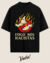 Black oversized t-shirt featuring a graphic design with flames and a ghost, along with the phrase "Fogo Nos Racistas".