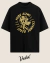 Black oversized t-shirt with retro yellow graphic of an aggressive wolf wearing a helmet and the text "Vudu Kstms Speed Junkies Since 08"