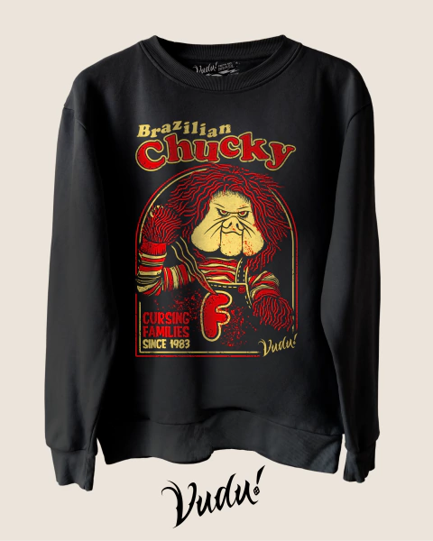 Blusa de Moletom preta estilo oversized com estampa do boneco Fofão dos anos 80 segurando uma faca com estilo horror