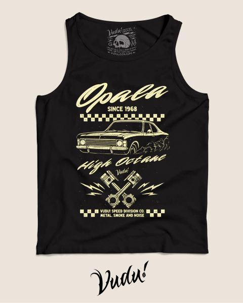 Regata preta masculina com estampa retrô do carro Opala, texto "Opala Since 1968 High Octane" e desenho de pistões cruzados