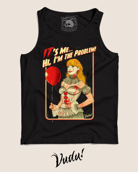 Regata masculina preta com estampa da Taylor Swift vestida como palhaça de horror segurando balão vermelho e frase "IT'S ME... HI, I'M THE PROBLEM!"