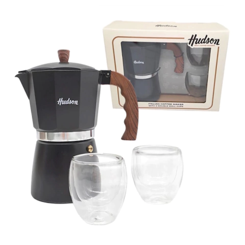 Cafetera Hudson Negra con vasos doble vidrio