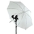 Kit com 4 lâmpadas de luz fria contínua de 45W montado sob um guarda-chuva branco, ideal para iluminação em estúdios.