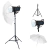 Imagem de um equipamento de iluminação com um refletor e um guarda-chuva branco, montado em um tripé.