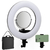 Ring light com espelho e suporte para smartphone, acompanhado de bolsa de transporte.