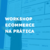 Babi Tonhela conduzindo um workshop de ecommerce para empreendedores, com uma apresentação visual ao fundo, mostrando gráficos e estratégias de vendas online.