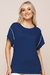 Blusa Visco Crepe na cor marinho, com mangas curtas e detalhes em branco, modelo feminino, de verão