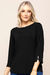 Blusa feminina verão 2025 de visco preta com mangas 3/4 e detalhes em botões aplicados no punho.