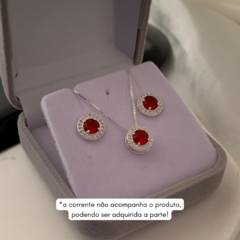 Brinco + Pingente Cravejado Redondo Vermelho Prata 925