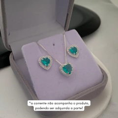 Brinco + Pingente Cravejado Coração Tiffany Prata 925