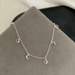 Pulseira Zircônia Pendurada Coração Rosa Prata 925