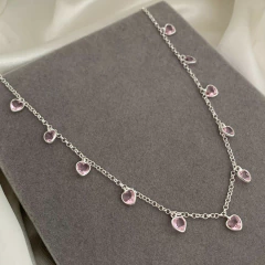 Choker Zircônia Corações Rosa Prata 925 - Âncora Pratas Atacado!