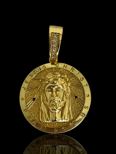 Pingente medalha face de Cristo com frase
