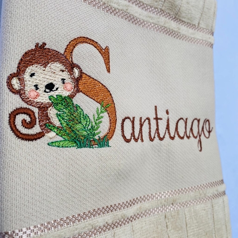 Toalha Lavabo Bordada Personalizada Infantil 30 x 45 cm - Safari: Macaquinho com Inicial