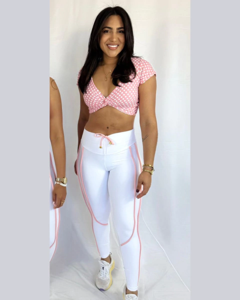 Conjunto Calça Suplex Branco Viés Duplo Rosa Top Pérola Manga Poá - comprar online