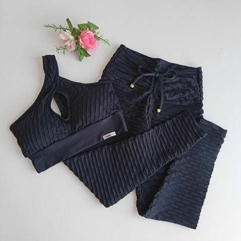 Conjunto Calça Jacquard Preto Top Mula Manca