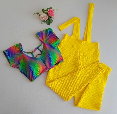Salopete Jacquard Amarelo Top Ciganinha Amarração Costas SEM EMPINA BUMBUM