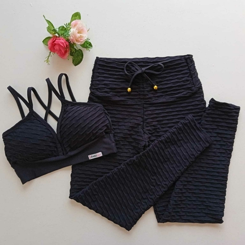 Conjunto Calça Jacquard Preto Top Margarida