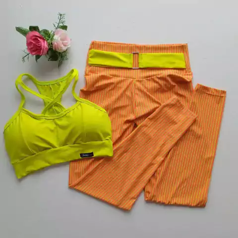Conjunto Calça Listras Fundo Laranja Cinto Top Mel SEM EMPINA BUMBUM
