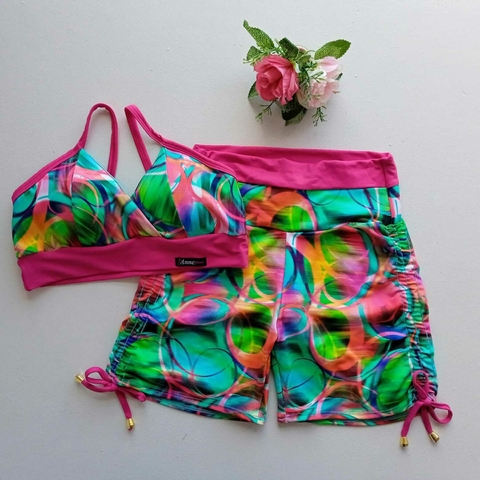 Conjunto Short Círculos Coloridos Cadarço Lateral Top Anita