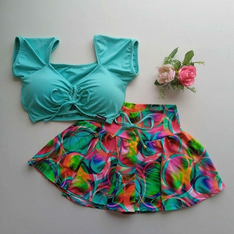 Conjunto Short Saia Círculos Coloridos Top Ciganinha