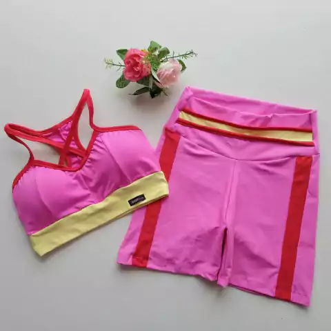Conjunto Short Flamingo Detalhe Vermelho e Amarelo Top Mel