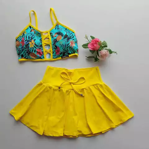 Conjunto Short Saia Amarelo Top Dany Frutinhas