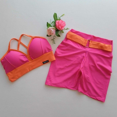 Conjunto Short Listras Cinto Top Mara Cós Laranja