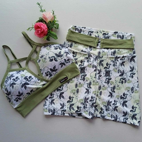 Conjunto Short Floral Verde Cinto Top Andressa