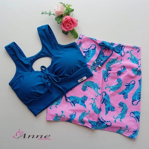 Conjunto Short Tigre Fundo Rosa Top Anne Laço SEM EMPINA BUMBUM
