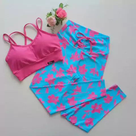 Conjunto Calça Floral Fuchsia Fundo Azul Celeste Top Joana