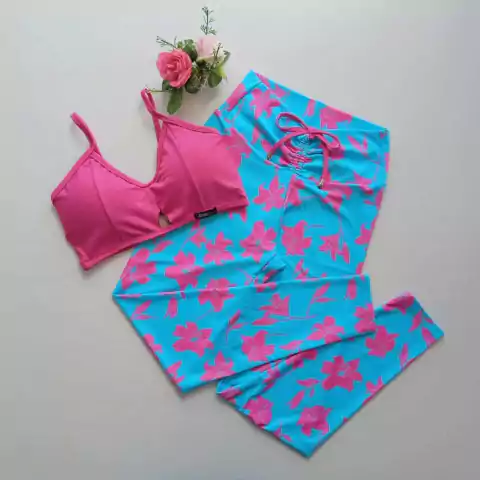 Conjunto Calça Floral Fuchsia Fundo Azul Celeste Top Jade