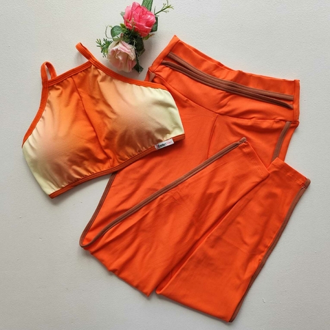 Conjunto Calça Laranja Viés Top Thayz Barrado