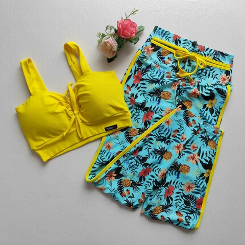 Conjunto Calça Frutinhas Decote Viés Top Laço Alça Grossa