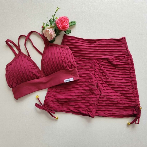 Conjunto Short Jacquard Marsala Cadarço Lateral Top Margarida