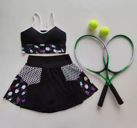 Conjunro Short Saia Preto Detalhe Estampa Picolé e Tela Top Pâmela