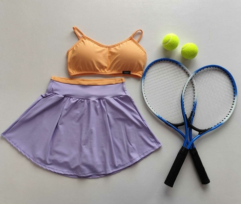 Conjunto Short Saia Lavanda Detalhe Salmon Top Luz