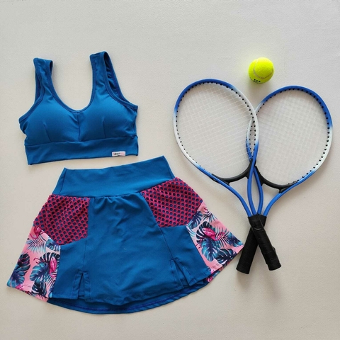 Conjunto Short Saia Seaport Detalhe Estampa Flamingo e Tela Top Clara
