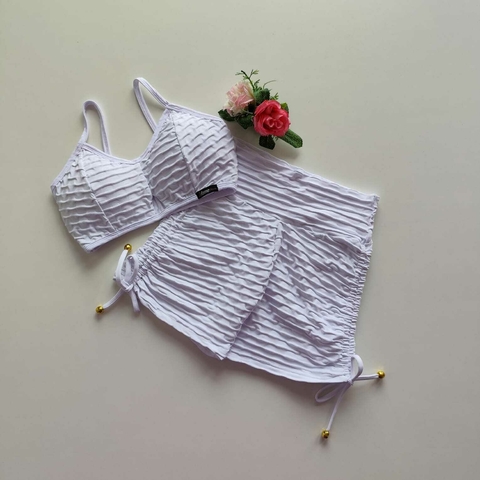 Conjunto Short Jacquard Branco Cadarço Lateral top Jade