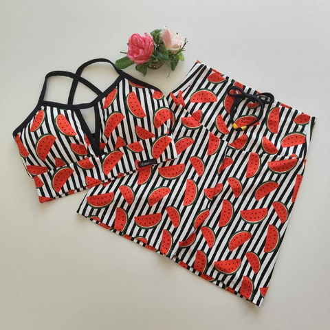 Conjunto Short Melancia Fundo Listras Top Maria