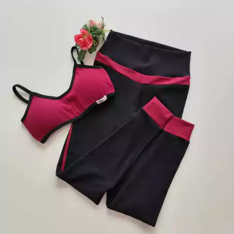 Conjunto Calça Preto Canelado Detalhe Marsala Top Luz SEM EMPINA BUMBUM